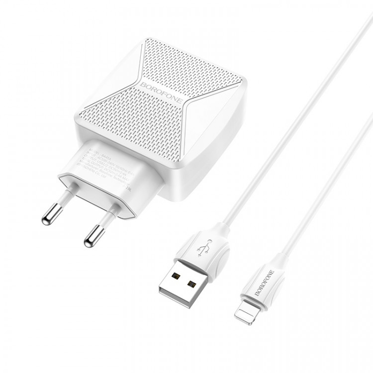 СЗУ с 2USB BOROFONE  BA45A (5V, 2400mAh, шнур Lightning)