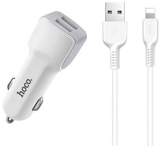 АЗУ с 2xUSB HOCO Z23 (5V, 2400mAh,12/24V, шнур Lightning, 1м)