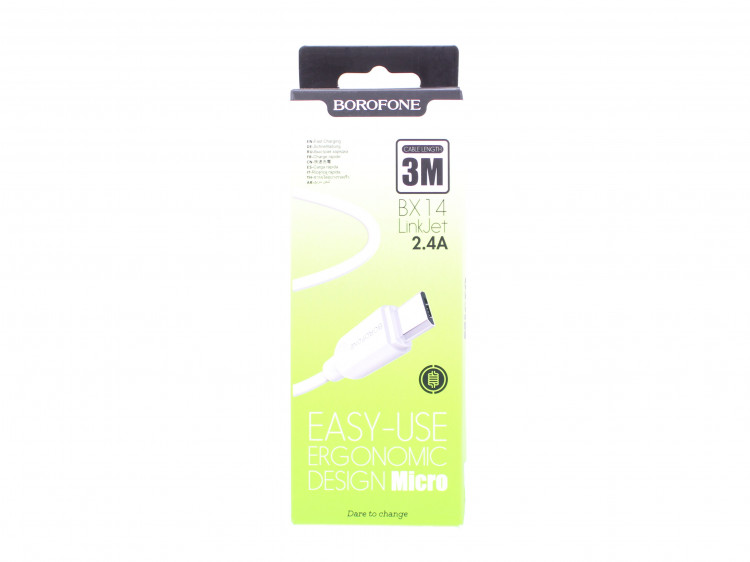 Шнур USB на micro USB штекер  BOROFON BX-14   3м (2.4А) круглый, экстра прочный (1/10)
