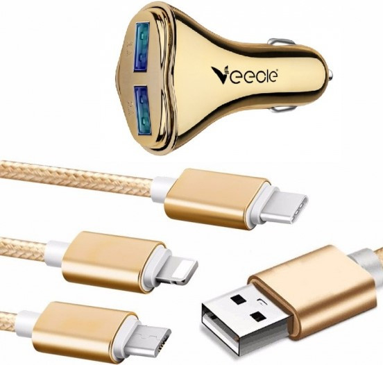 АЗУ с 2хUSB VEECLE HM-C13 (2100mA,5V) (шнур 3в1: USB-microUSB/TYPE-C/iPhone,1.2м)